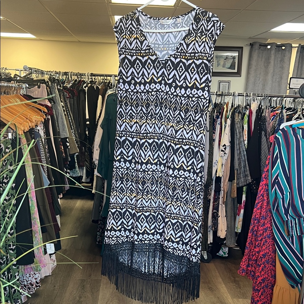 Black and White Patterned Fringe Dress